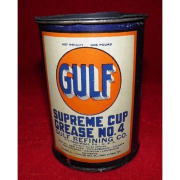 1938 ca. VINTAGE GULF SUPREM CUP GREASE #4, VERY CLEAN AND NICE METAL CAN, GAS