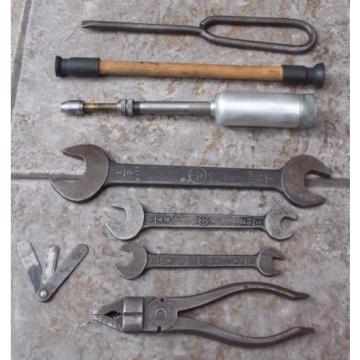 RARE EARLY AUSTIN HEALEY TOOL KIT SPANNERS,PLIERS,GREASE GUN,VALVE GRINDING TOOL