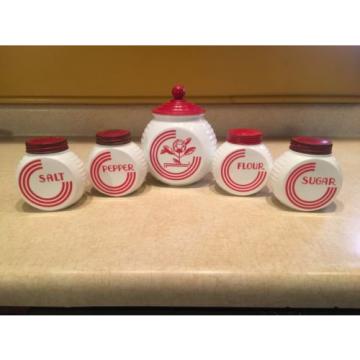 Vintage Fire King Vitrock white &amp; Red Circle Four Shaker &amp; Grease Jar Very Nice