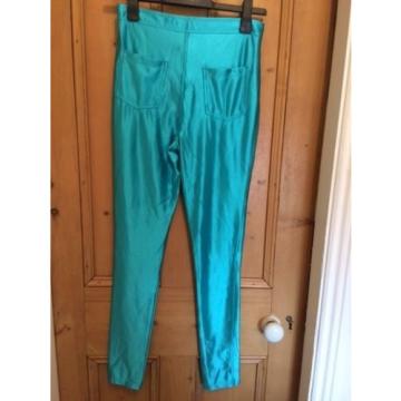 Aqua shiny trousers jeans jeggings leggings size 12 Grease Rave Neon Alternative
