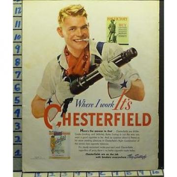 1942 CHESTERFIELD BOND RIVET GREASE GUN MILITARY WAR WWII VINTAGE ART AD Y11