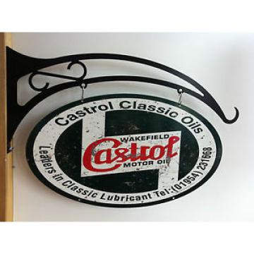 CASTROL METAL SIGN WITH HANGER DBL SIDED BOWSER OIL CAN BOTTLE TIN GREASE