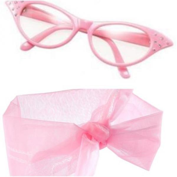Pink Lady Glasses Scarf Set Grease 50&#039;s Fancy Dress Hen Nights Partys 1950&#039;s #2 image