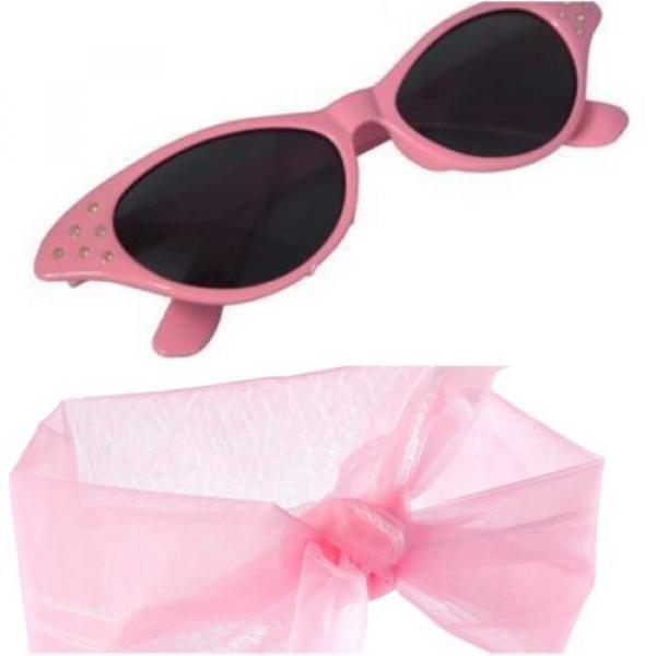 Pink Lady Glasses Scarf Set Grease 50&#039;s Fancy Dress Hen Nights Partys 1950&#039;s #3 image